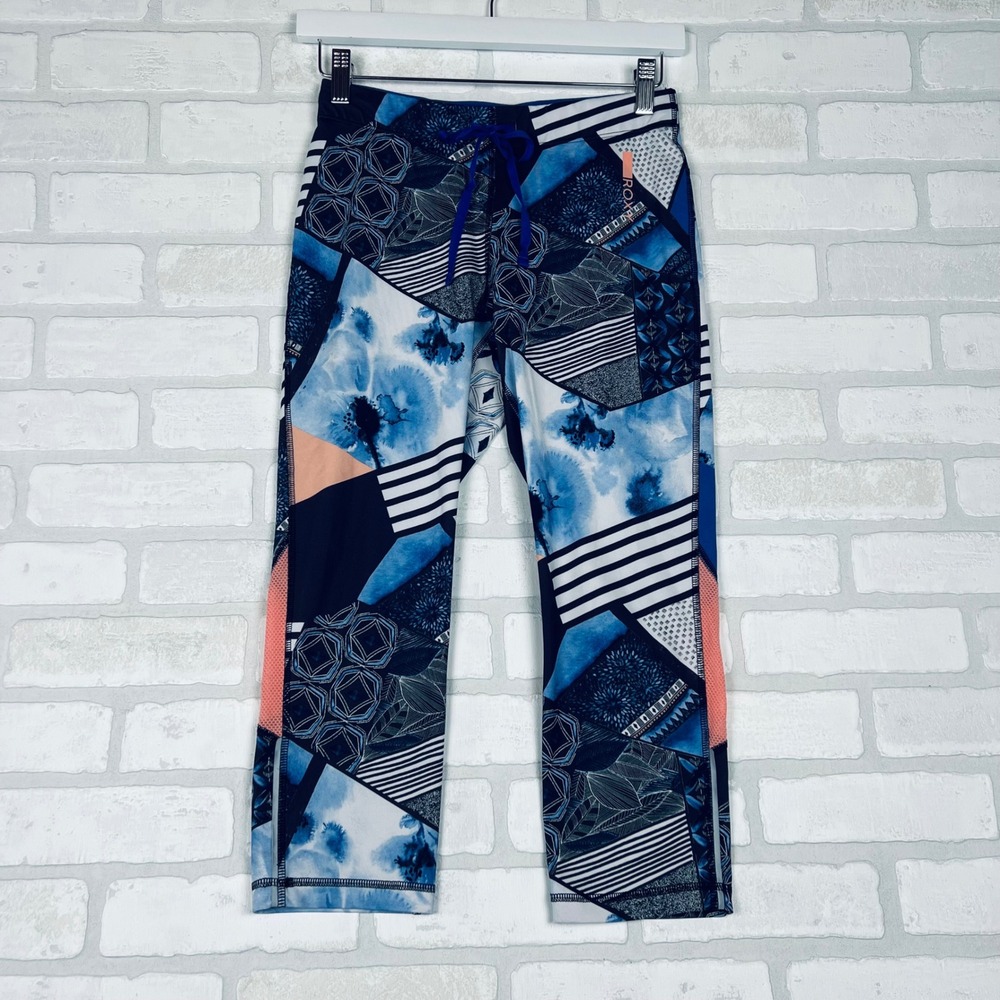 Roxy Blue Patchwork Mesh Panel Capri Leggings Womens Small Drawstring Athletic